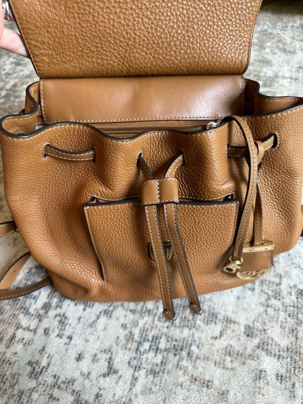 Michael Kors Romy Backpack Acorn Brown Pebbled‎ Leather Medium Drawstring Bag